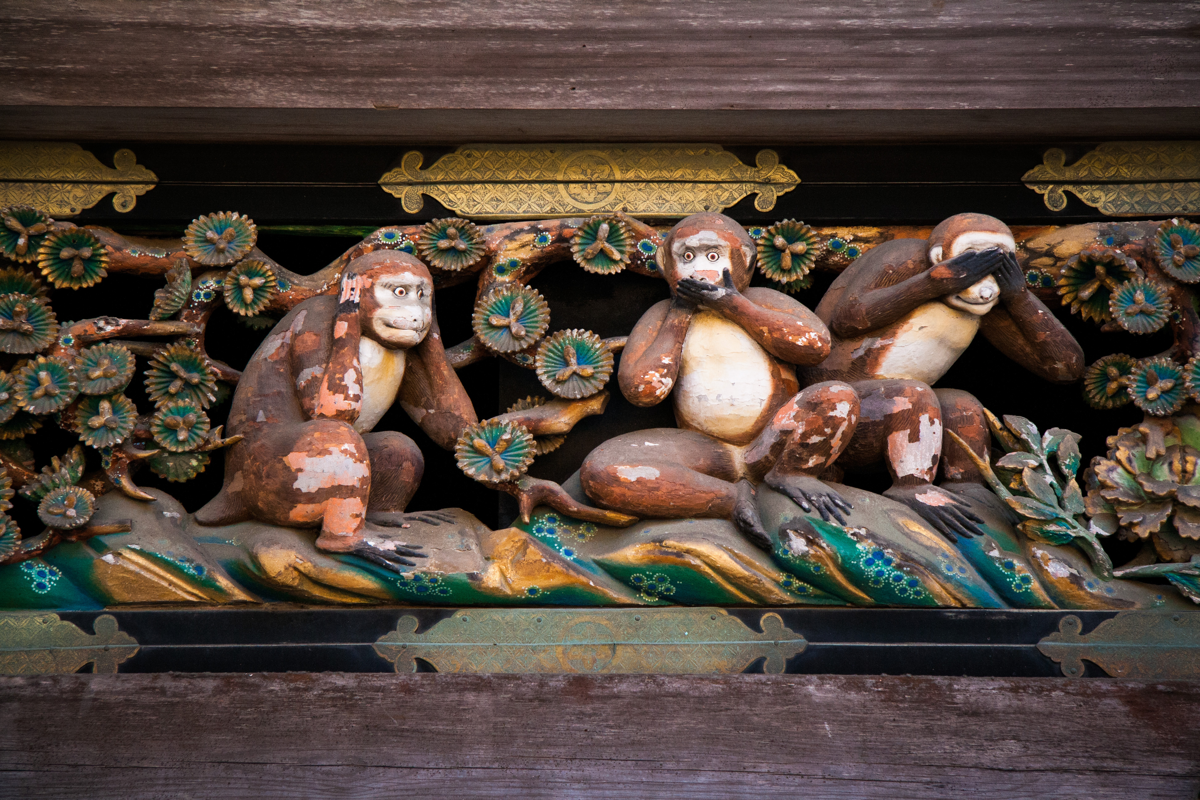 Three Wise Monkeys carving on the Sacred Stable.